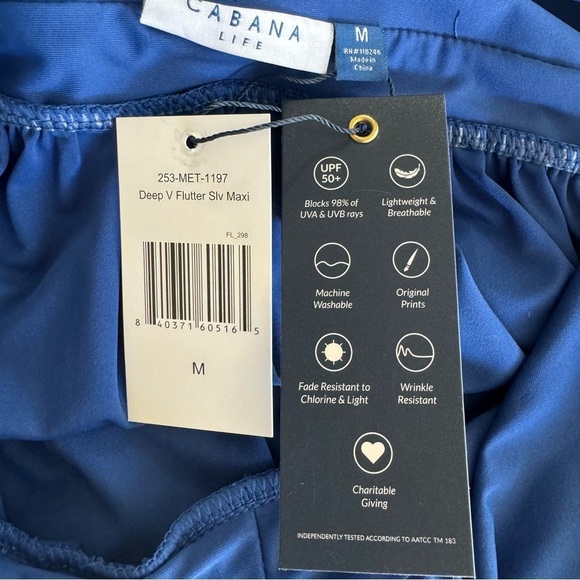 Cabana Life Blue Flutter Sleeve Gold Trim Maxi Dress NWT Size: Medium - Picture 7 of 16